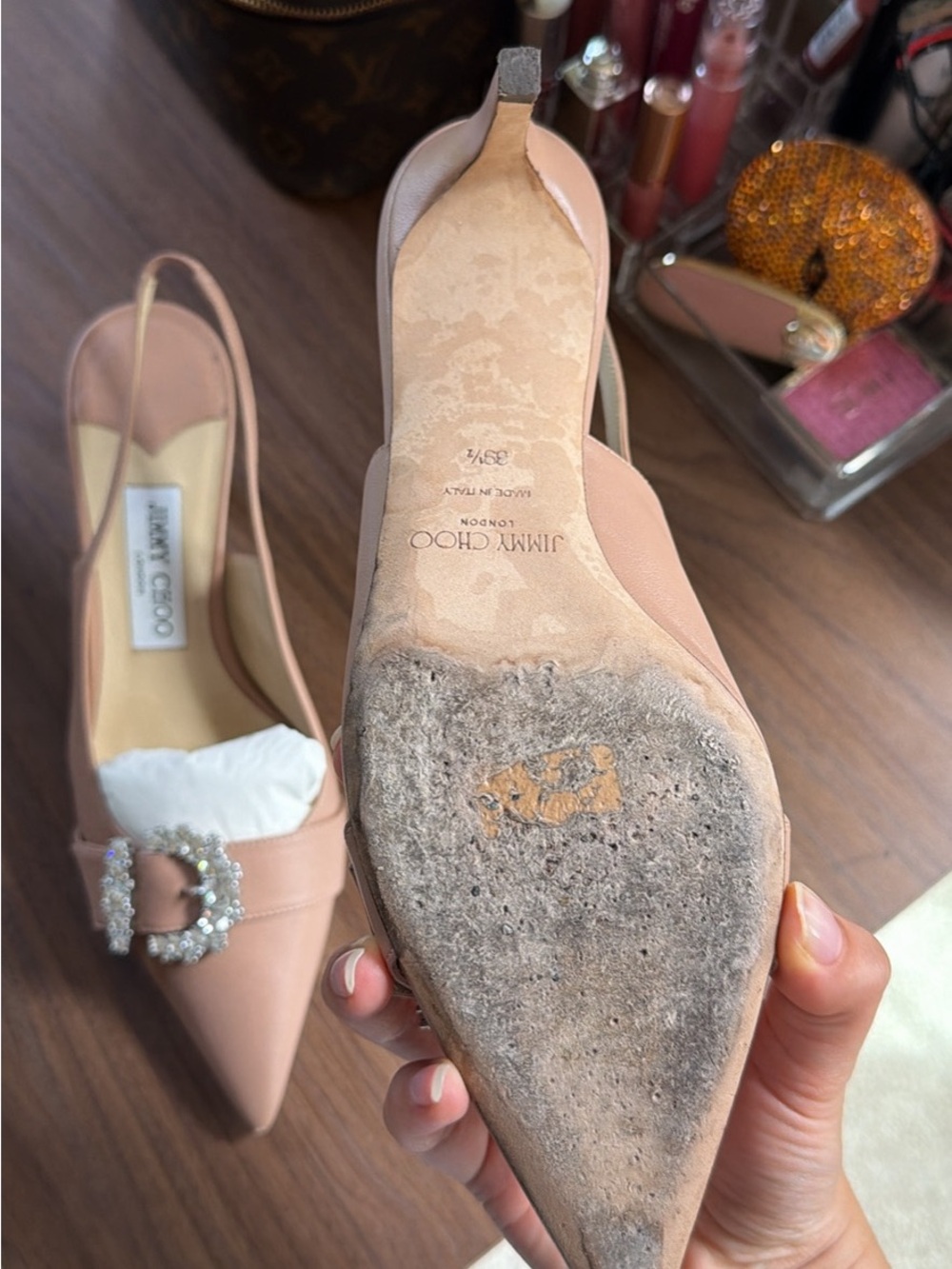 Jimmy Choo Blush Nude Slingback Pointed-Toe Pumps with Crystal Buckles - Picture 4 of 4